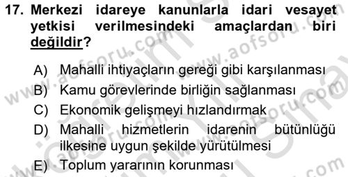 Mahalli İdareler Maliyesi Dersi 2024 - 2025 Yılı (Final) Dönem Sonu Sınav Soruları 17. Soru