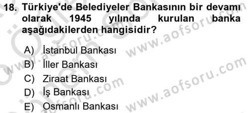 Mahalli İdareler Maliyesi Dersi 2024 - 2025 Yılı (Final) Dönem Sonu Sınav Soruları 18. Soru