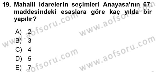 Mahalli İdareler Maliyesi Dersi 2024 - 2025 Yılı Yaz Okulu Sınav Soruları 19. Soru