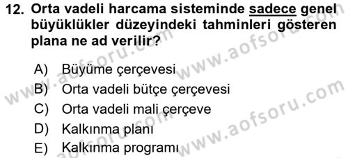 Kamu Mali Yönetimi Dersi 2016 - 2017 Yılı (Vize) Ara Sınavı 12. Soru