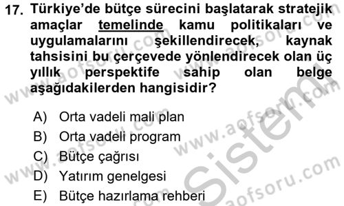 Kamu Mali Yönetimi Dersi 2016 - 2017 Yılı (Vize) Ara Sınavı 17. Soru