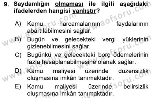 Kamu Mali Yönetimi Dersi 2016 - 2017 Yılı (Final) Dönem Sonu Sınav Soruları 9. Soru