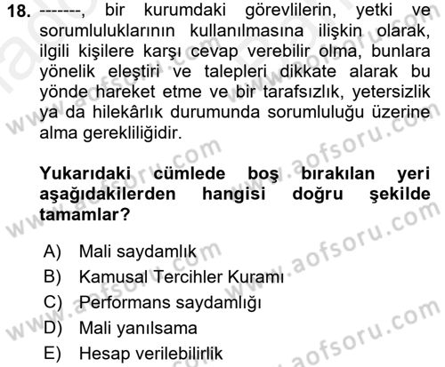 Kamu Mali Yönetimi Dersi 2017 - 2018 Yılı (Vize) Ara Sınav Soruları 18. Soru