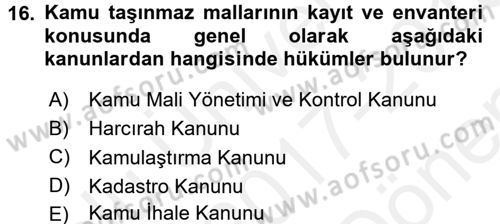 Kamu Mali Yönetimi Dersi 2017 - 2018 Yılı (Final) Dönem Sonu Sınav Soruları 16. Soru