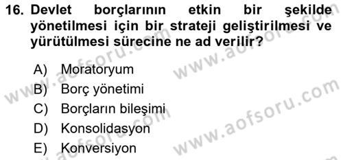 Kamu Mali Yönetimi Dersi 2020 - 2021 Yılı Yaz Okulu Sınav Soruları 16. Soru