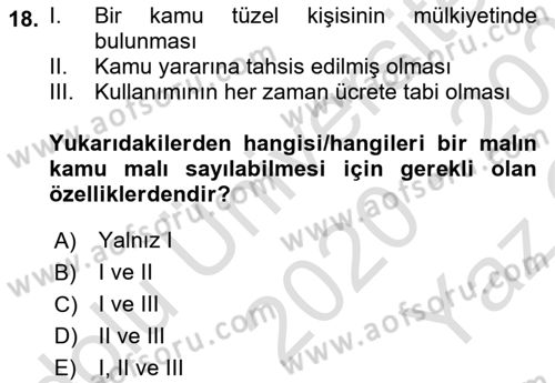 Kamu Mali Yönetimi Dersi 2020 - 2021 Yılı Yaz Okulu Sınav Soruları 18. Soru