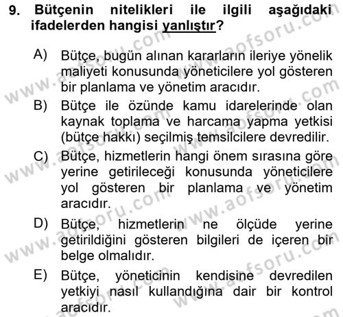 Kamu Mali Yönetimi Dersi 2020 - 2021 Yılı Yaz Okulu Sınav Soruları 9. Soru
