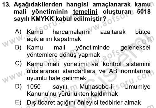 Kamu Mali Yönetimi Dersi 2023 - 2024 Yılı (Vize) Ara Sınav Soruları 13. Soru