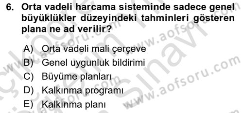 Kamu Mali Yönetimi Dersi 2023 - 2024 Yılı (Vize) Ara Sınavı 6. Soru