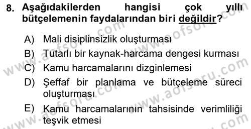 Kamu Mali Yönetimi Dersi 2023 - 2024 Yılı (Vize) Ara Sınav Soruları 8. Soru