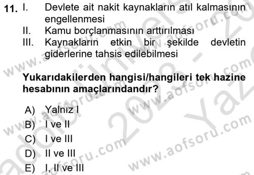 Kamu Mali Yönetimi Dersi 2023 - 2024 Yılı Yaz Okulu Sınav Soruları 11. Soru