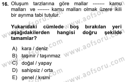Kamu Mali Yönetimi Dersi 2023 - 2024 Yılı Yaz Okulu Sınav Soruları 16. Soru