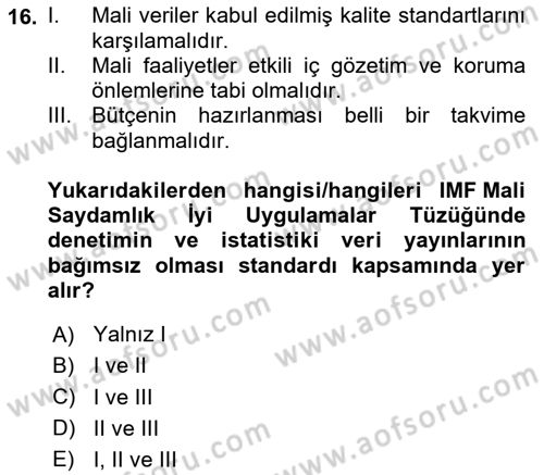 Kamu Mali Yönetimi Dersi 2024 - 2025 Yılı (Vize) Ara Sınav Soruları 16. Soru