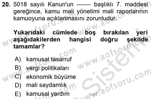 Kamu Mali Yönetimi Dersi 2024 - 2025 Yılı (Vize) Ara Sınav Soruları 20. Soru