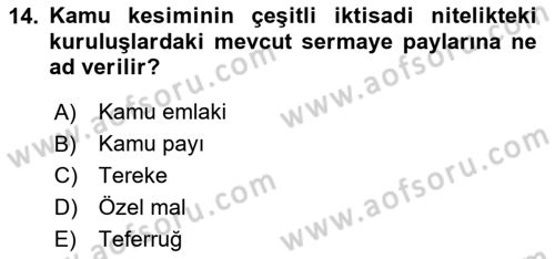 Kamu Mali Yönetimi Dersi 2024 - 2025 Yılı (Final) Dönem Sonu Sınav Soruları 14. Soru