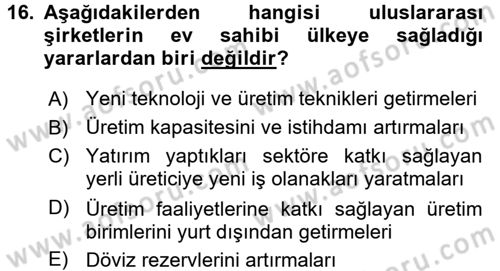 Uluslararası Kamu Maliyesi Dersi 2016 - 2017 Yılı 3 Ders Sınavı 16. Soru