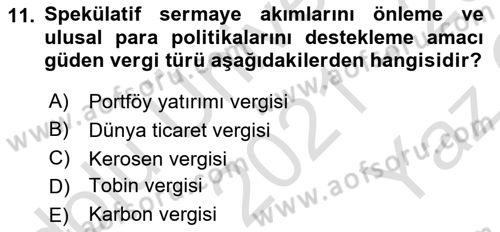 Uluslararası Kamu Maliyesi Dersi 2021 - 2022 Yılı Yaz Okulu Sınav Soruları 11. Soru