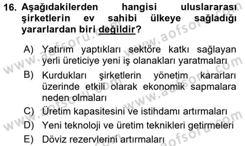 Uluslararası Kamu Maliyesi Dersi 2022 - 2023 Yılı Yaz Okulu Sınav Soruları 16. Soru
