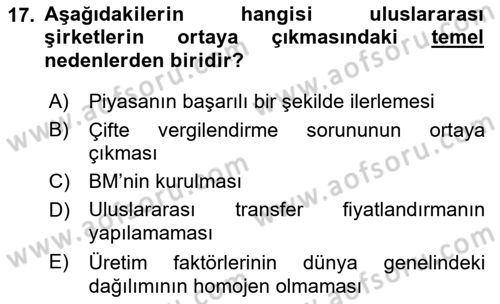 Uluslararası Kamu Maliyesi Dersi 2022 - 2023 Yılı Yaz Okulu Sınav Soruları 17. Soru