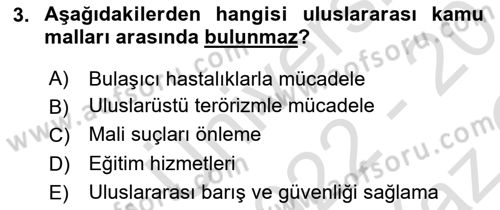 Uluslararası Kamu Maliyesi Dersi 2022 - 2023 Yılı Yaz Okulu Sınav Soruları 3. Soru