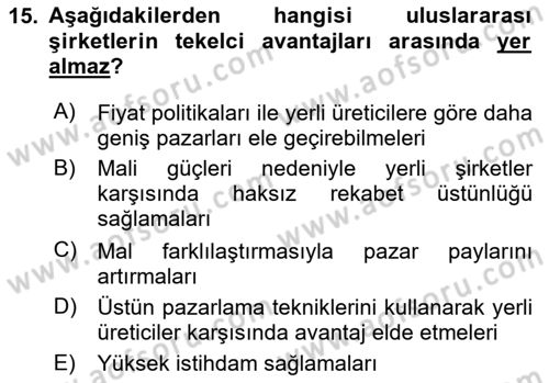 Uluslararası Kamu Maliyesi Dersi 2023 - 2024 Yılı Yaz Okulu Sınav Soruları 15. Soru