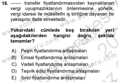 Uluslararası Kamu Maliyesi Dersi 2023 - 2024 Yılı Yaz Okulu Sınav Soruları 16. Soru