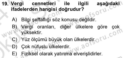 Uluslararası Kamu Maliyesi Dersi 2023 - 2024 Yılı Yaz Okulu Sınav Soruları 19. Soru