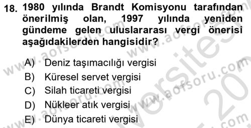 Uluslararası Kamu Maliyesi Dersi 2024 - 2025 Yılı (Vize) Ara Sınav Soruları 18. Soru