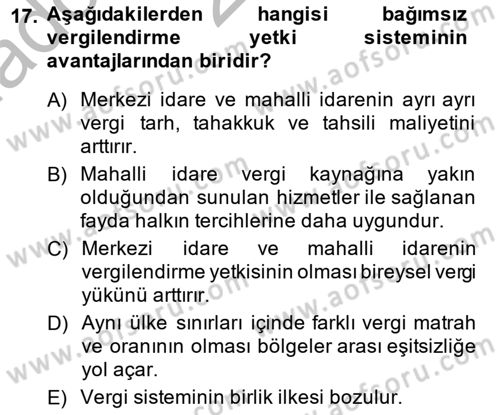 Mahalli İdareler Maliyesi Dersi 2013 - 2014 Yılı (Vize) Ara Sınav Soruları 17. Soru