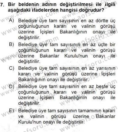 Mahalli İdareler Maliyesi Dersi 2015 - 2016 Yılı (Final) Dönem Sonu Sınav Soruları 7. Soru