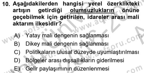 Mahalli İdareler Maliyesi Dersi 2016 - 2017 Yılı (Vize) Ara Sınav Soruları 10. Soru
