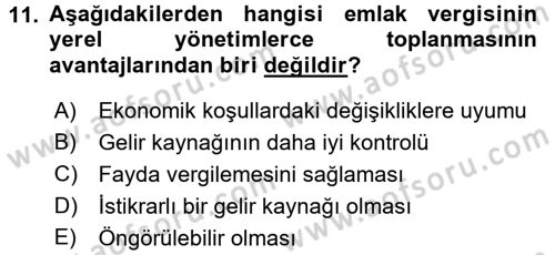 Mahalli İdareler Maliyesi Dersi 2016 - 2017 Yılı (Vize) Ara Sınav Soruları 11. Soru