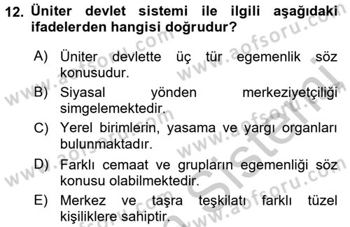 Mahalli İdareler Maliyesi Dersi 2016 - 2017 Yılı (Vize) Ara Sınav Soruları 12. Soru