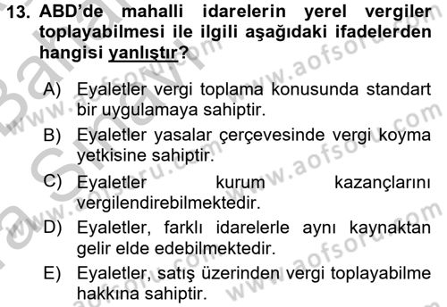 Mahalli İdareler Maliyesi Dersi 2016 - 2017 Yılı (Vize) Ara Sınav Soruları 13. Soru
