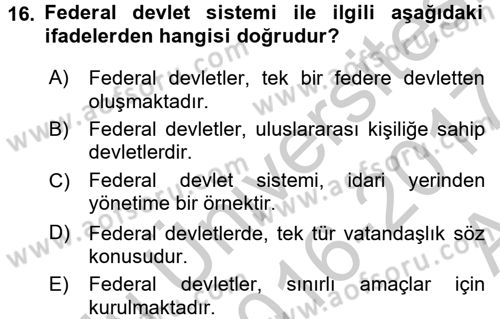 Mahalli İdareler Maliyesi Dersi 2016 - 2017 Yılı (Vize) Ara Sınav Soruları 16. Soru