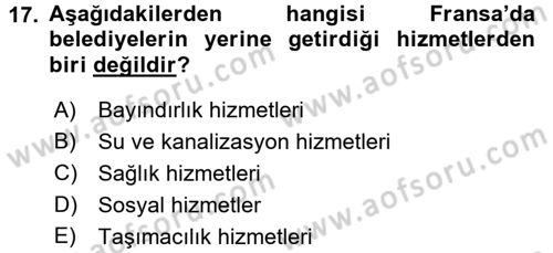 Mahalli İdareler Maliyesi Dersi 2016 - 2017 Yılı (Vize) Ara Sınav Soruları 17. Soru