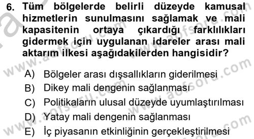 Mahalli İdareler Maliyesi Dersi 2016 - 2017 Yılı (Vize) Ara Sınav Soruları 6. Soru