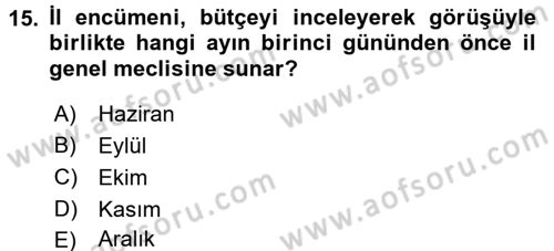 Mahalli İdareler Maliyesi Dersi 2017 - 2018 Yılı (Final) Dönem Sonu Sınav Soruları 15. Soru