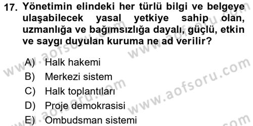 Mahalli İdareler Maliyesi Dersi 2017 - 2018 Yılı (Final) Dönem Sonu Sınav Soruları 17. Soru