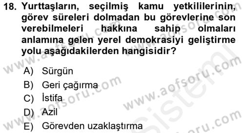 Mahalli İdareler Maliyesi Dersi 2017 - 2018 Yılı (Final) Dönem Sonu Sınav Soruları 18. Soru