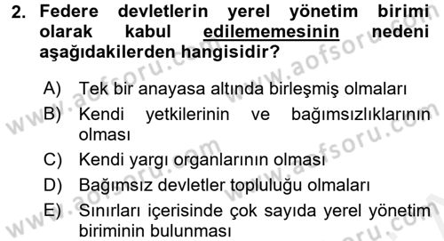 Mahalli İdareler Maliyesi Dersi 2017 - 2018 Yılı (Final) Dönem Sonu Sınav Soruları 2. Soru
