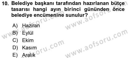 Mahalli İdareler Maliyesi Dersi 2018 - 2019 Yılı 3 Ders Sınav Soruları 10. Soru