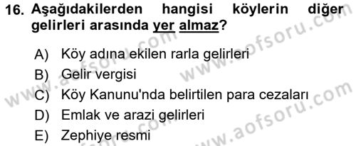 Mahalli İdareler Maliyesi Dersi 2018 - 2019 Yılı 3 Ders Sınav Soruları 16. Soru