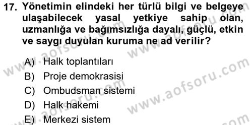 Mahalli İdareler Maliyesi Dersi 2018 - 2019 Yılı 3 Ders Sınav Soruları 17. Soru