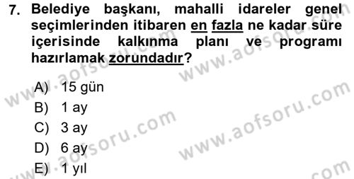 Mahalli İdareler Maliyesi Dersi 2018 - 2019 Yılı 3 Ders Sınav Soruları 7. Soru
