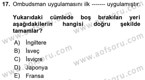 Mahalli İdareler Maliyesi Dersi 2018 - 2019 Yılı (Final) Dönem Sonu Sınav Soruları 17. Soru