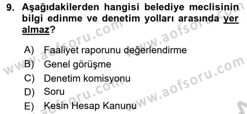 Mahalli İdareler Maliyesi Dersi 2018 - 2019 Yılı Yaz Okulu Sınav Soruları 9. Soru