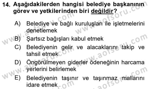 Mahalli İdareler Maliyesi Dersi 2020 - 2021 Yılı Yaz Okulu Sınav Soruları 14. Soru