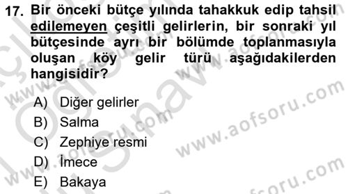Mahalli İdareler Maliyesi Dersi 2020 - 2021 Yılı Yaz Okulu Sınav Soruları 17. Soru