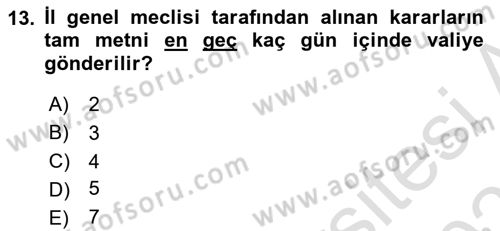 Mahalli İdareler Maliyesi Dersi 2021 - 2022 Yılı (Final) Dönem Sonu Sınav Soruları 13. Soru